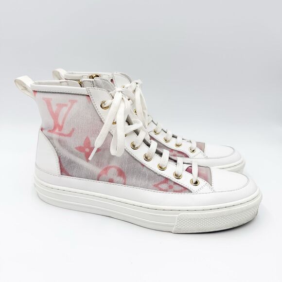 Louis Vuitton Stellar Sneaker Boot 37, 7 White Pink Monogram Mesh High Top - Picture 1 of 13